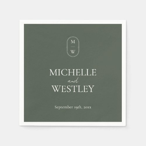 Minimalist Monogram Moss Green Wedding Napkins