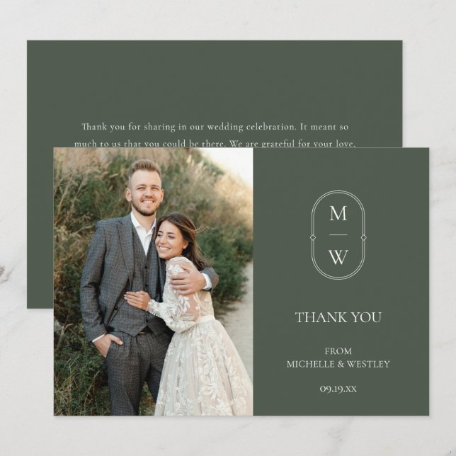 Minimalist Monogram Moss Green Wedding Photo Thank You Card (Front/Back)