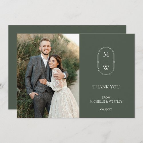 Minimalist Monogram Moss Green Wedding Photo Thank You Card