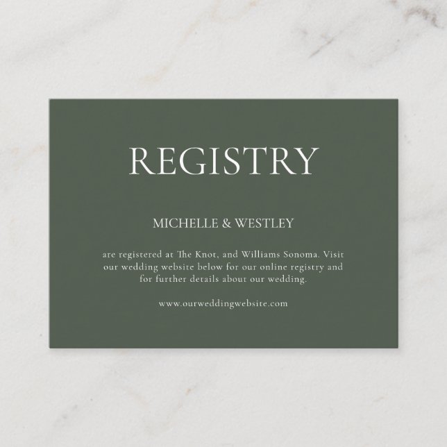 Minimalist Monogram Moss Green Wedding Registry Enclosure Card (Front)
