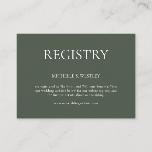Minimalist Monogram Moss Green Wedding Registry Enclosure Card