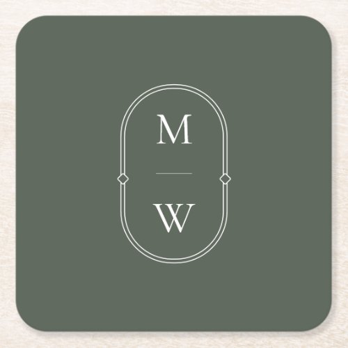 Minimalist Monogram Moss Green Wedding Square Paper Coaster