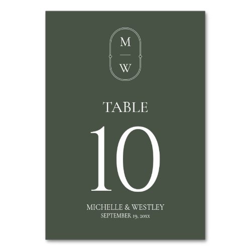 Minimalist Monogram Moss Green Wedding Table Number