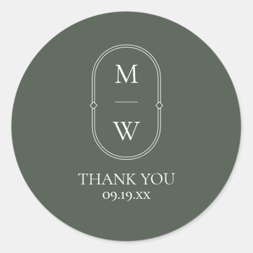 Minimalist Monogram Moss Green Wedding Thank You Classic Round Sticker