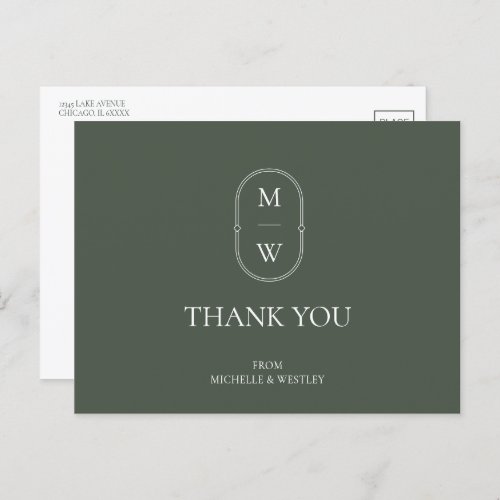 Minimalist Monogram Moss Green Wedding Thank You Postcard