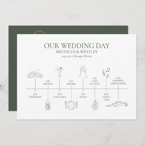 Minimalist Monogram Moss Green Wedding Timeline Program