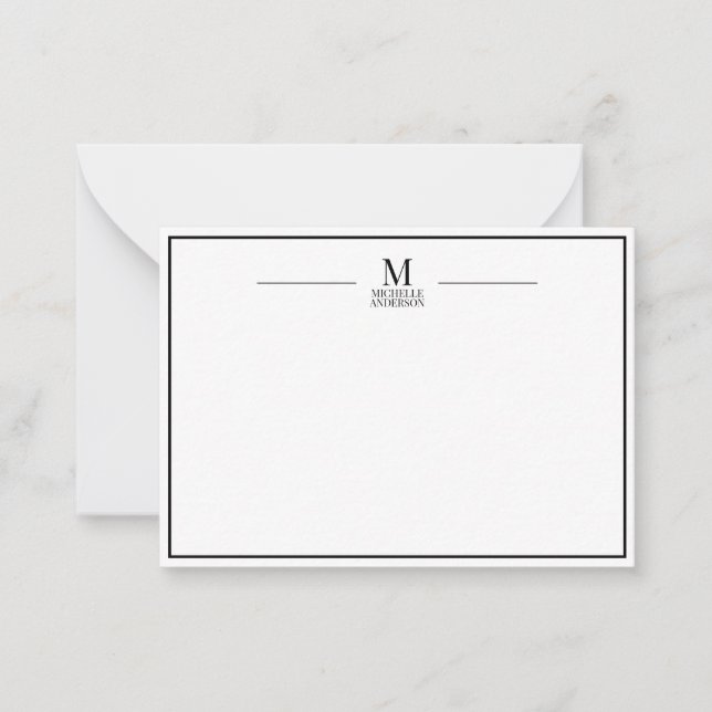 Minimalist Monogram Name Boarder Black & White Note Card (Front)