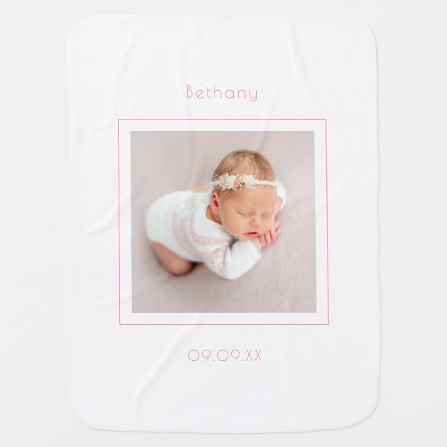 Minimalist Monogram Name Initial Photo Pink Baby Blanket (Front)