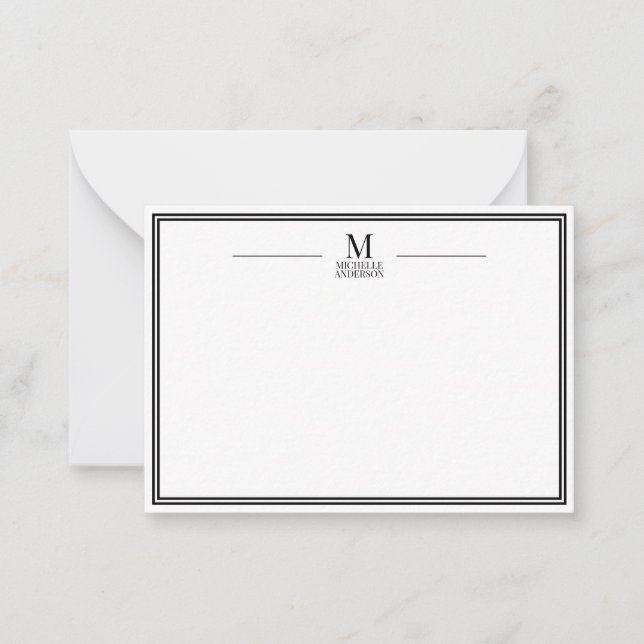 Minimalist Monogram Name Two Boarder Black & White Note Card (Front)