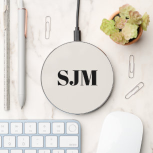 Minimalist monogram natural black initials name wireless charger