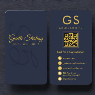 Minimalist Monogram Navy Blue Gold QR Business  Business Card