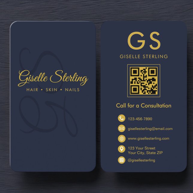 Minimalist Monogram Navy Blue Gold QR Business  Business Card (Creator Uploaded)
