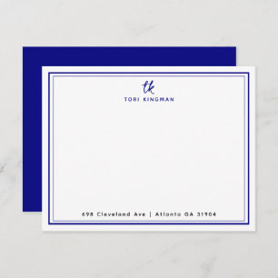 Minimalist Monogram Navy Blue Two Borders Flat Note Card