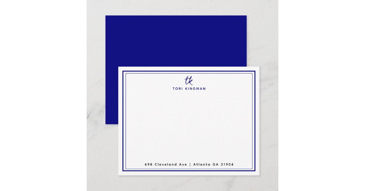 Minimalist Monogram Navy Blue Two Borders Flat Note Card | Zazzle