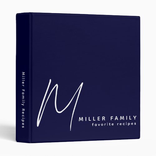 Minimalist Monogram Navy Family Recipes 3 Ring Binder