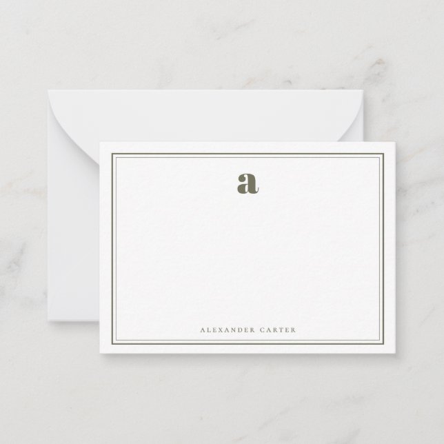 Minimalist Monogram Olive Green Two Border Note Card (Front)