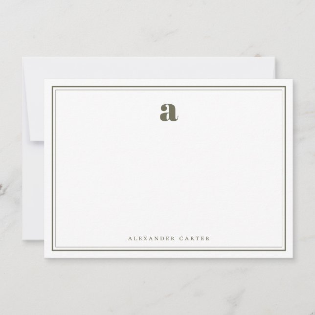 Minimalist Monogram Olive Green Two Border Note Card (Front)
