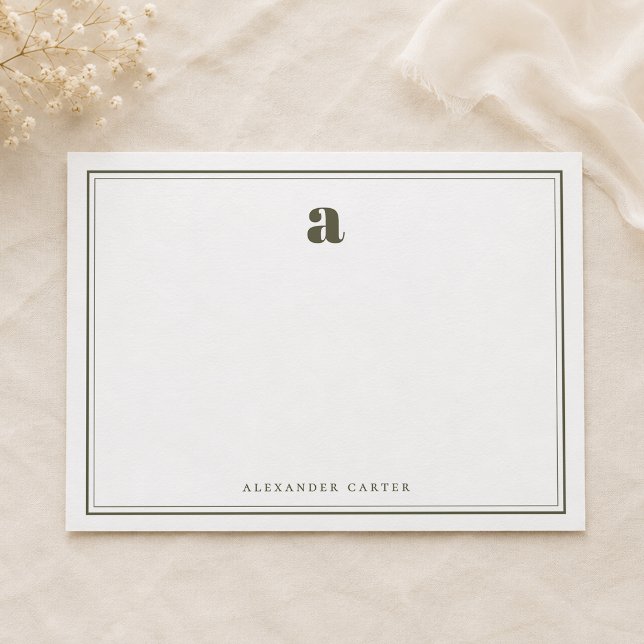 Minimalist Monogram Olive Green Two Border Note Card (Creator Uploaded)