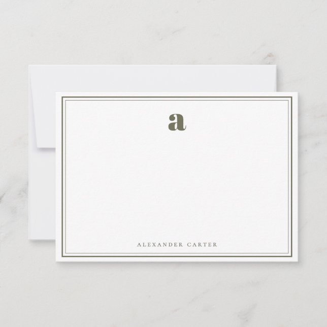 Minimalist Monogram Olive Green Two Border Note Card (Front)