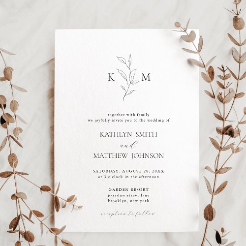 Minimalist Monogram Olive Leaf Branch Wedding Invitation