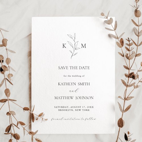 Minimalist Monogram Olive Leaf Branch Wedding Save The Date