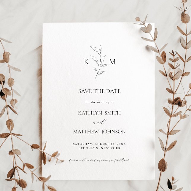 Minimalist Monogram Olive Leaf Branch Wedding Save The Date (Creator Uploaded)