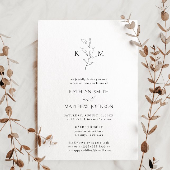 Minimalist Monogram Olive Leaf Rehearsal Lunch Invitation (Creator Uploaded)