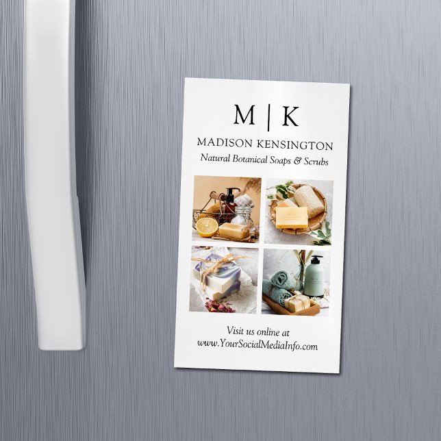Minimalist Monogram or Add Logo 4 Photos Business Card Magnet (Edit to Customize text, colors and more)