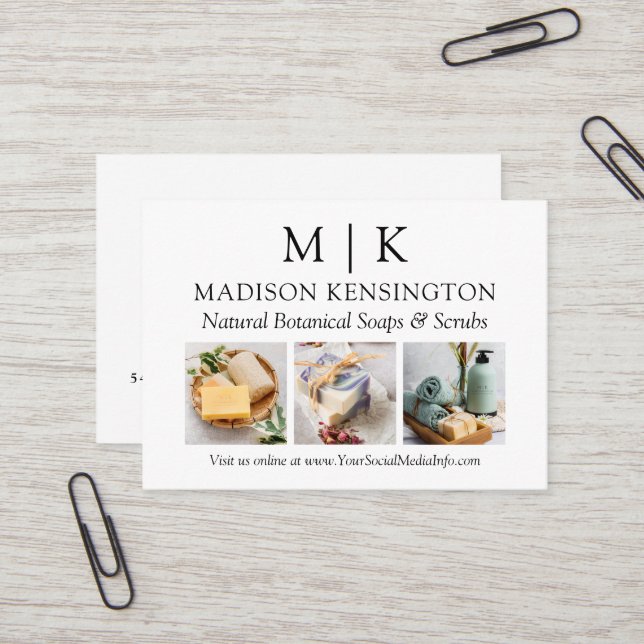 Minimalist Monogram or Add Logo Business 3 Photos Business Card (Front/Back In Situ)