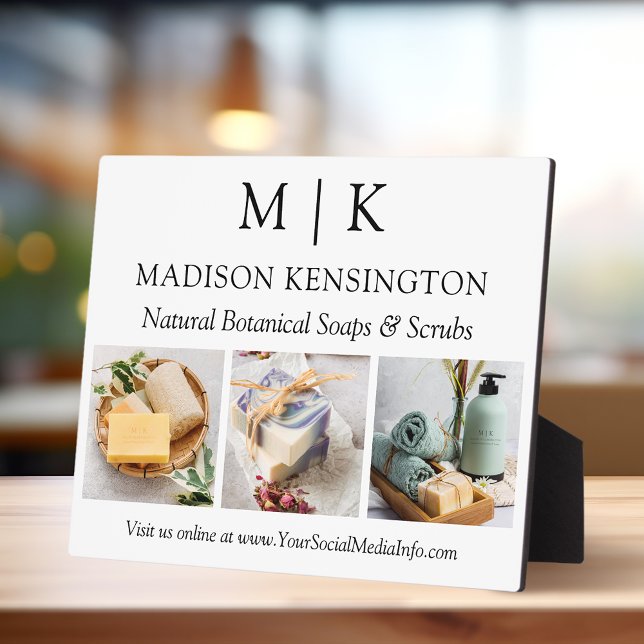 Minimalist Monogram or Add Logo Business 3 Photos Plaque (Edit to Customize text, colors and more)