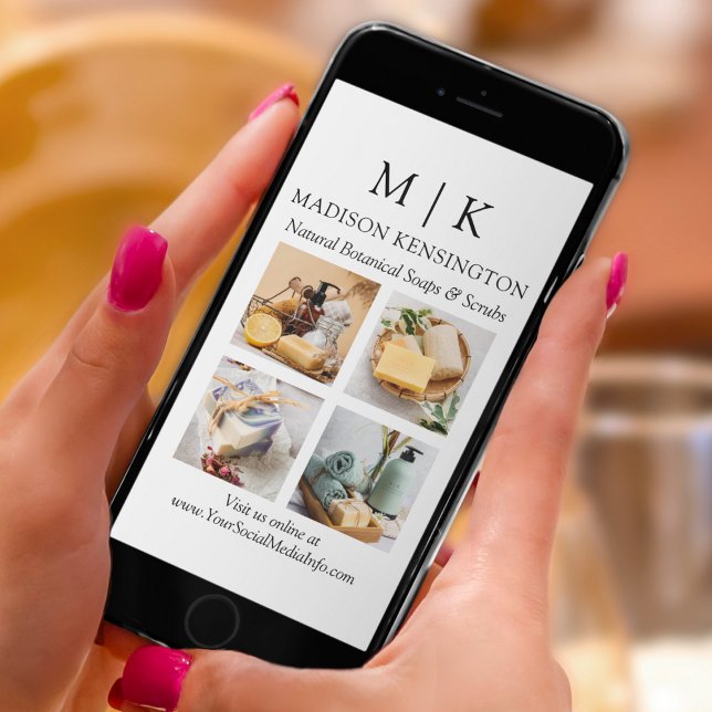 Minimalist Monogram or Add Logo Business 4 Photos Card (Edit to Customize text, colors and more)