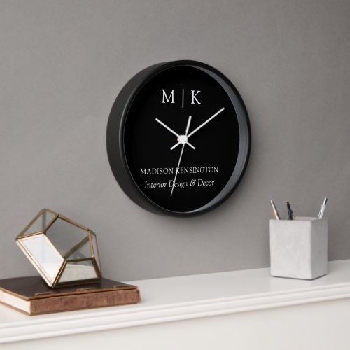 Minimalist Monogram or Add Logo Business Black Clock