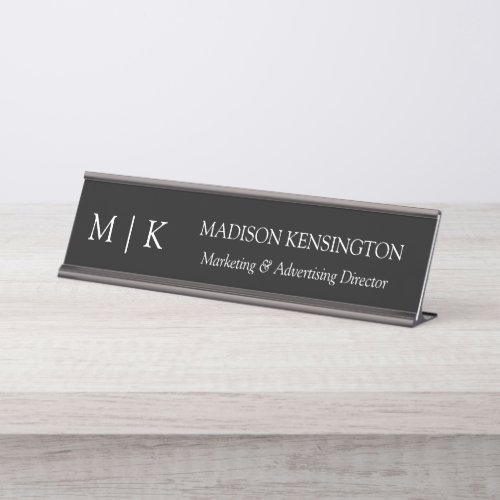 Minimalist Monogram or Add Logo Business Black Desk Name Plate