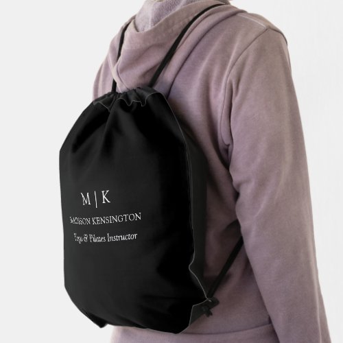 Minimalist Monogram or Add Logo Business Black Drawstring Bag