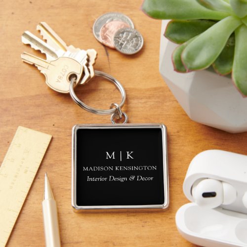 Minimalist Monogram or Add Logo Business Black Keychain