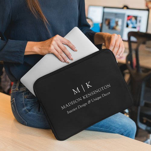 Minimalist Monogram or Add Logo Business Black Laptop Sleeve