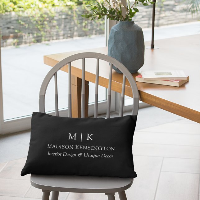 Minimalist Monogram or Add Logo Business Black Lumbar Pillow (Edit to Customize text, colors and more)