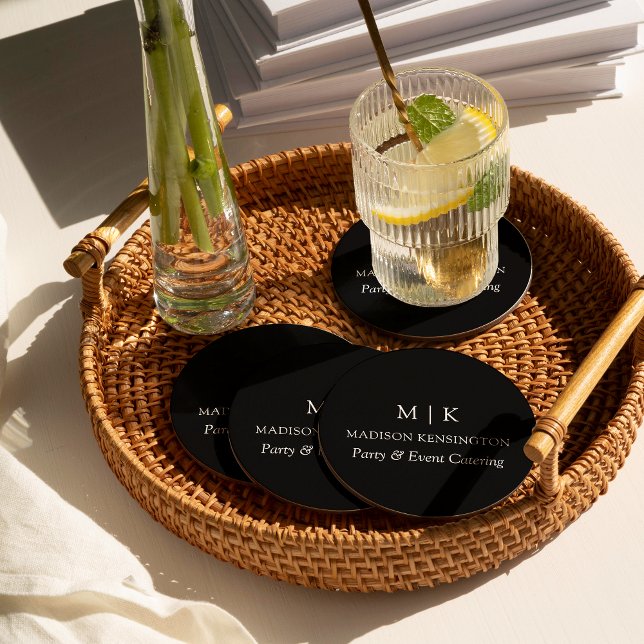 Minimalist Monogram or Add Logo Business Black Round Paper Coaster (Edit to Customize text, colors and more)