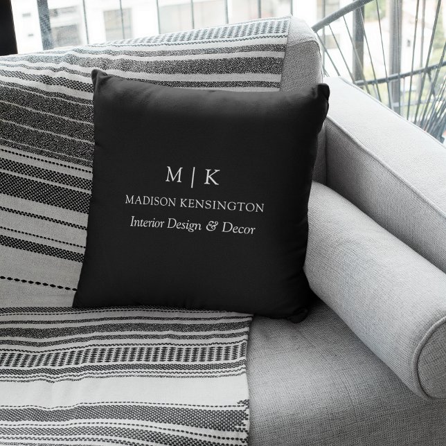 Minimalist Monogram or Add Logo Business Black Throw Pillow (Edit to Customize text, colors and more)