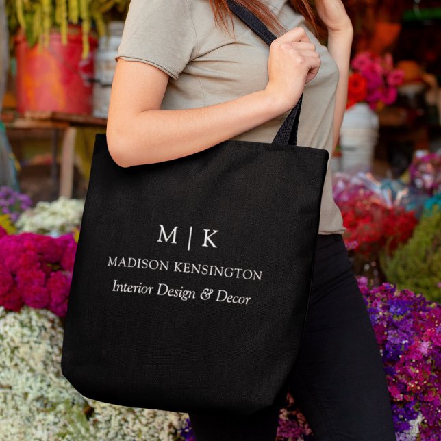 Minimalist Monogram or Add Logo Business Black Tote Bag (Edit to Customize text, colors and more)