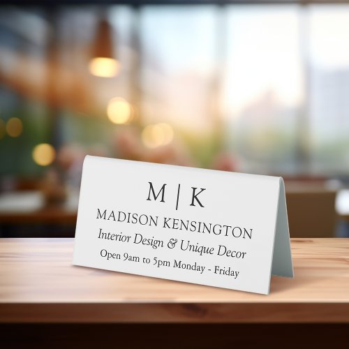 Minimalist Monogram or Add Logo Business Hours Table Tent Sign