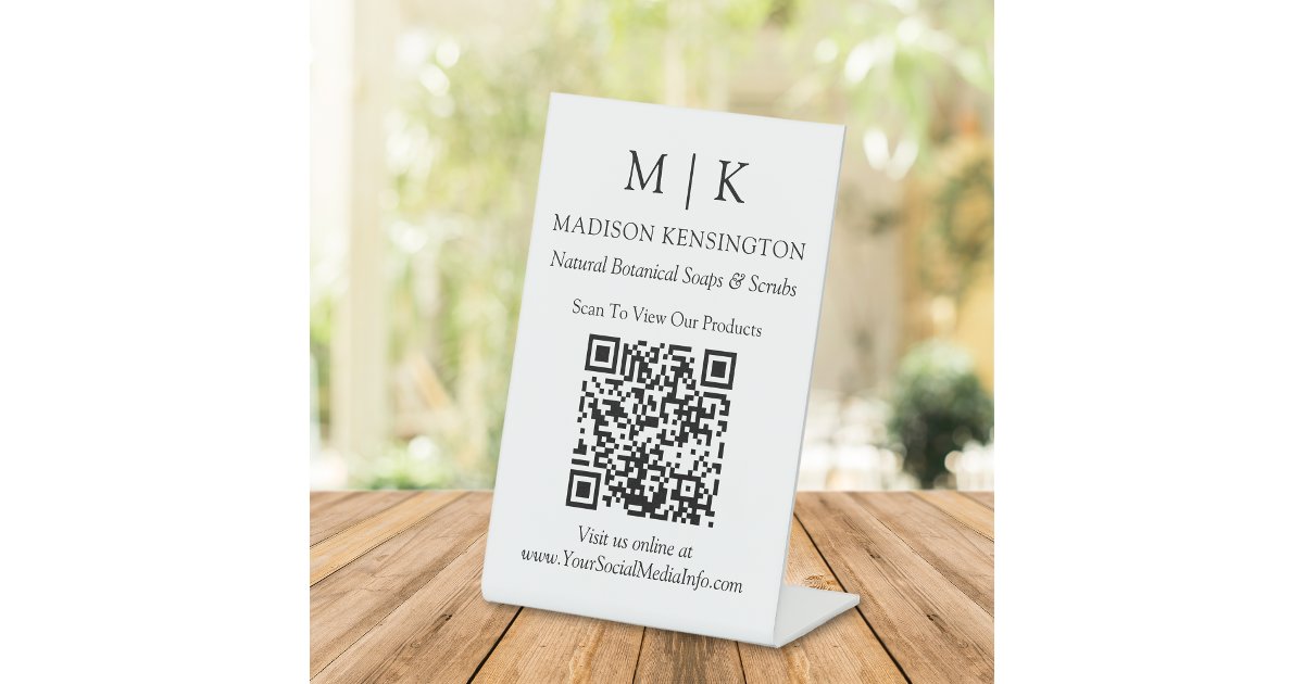 Minimalist Monogram or Add Logo Business QR Code Pedestal Sign | Zazzle