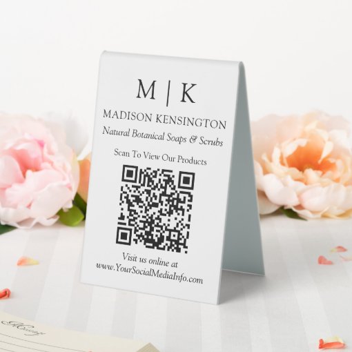 Minimalist Monogram or Add Logo Business QR Code Table Tent Sign | Zazzle