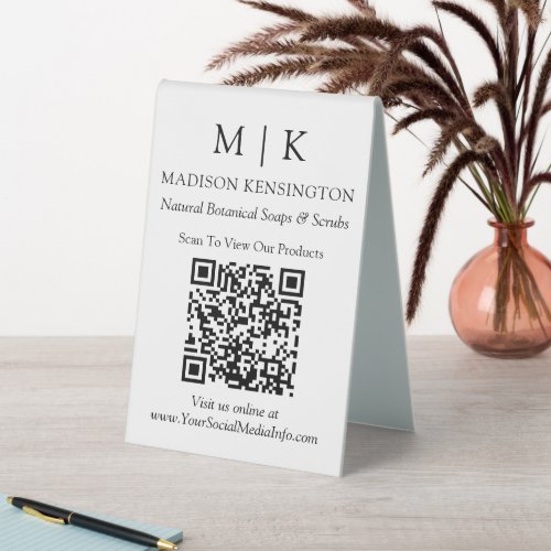 Minimalist Monogram or Add Logo Business QR Code Table Tent Sign