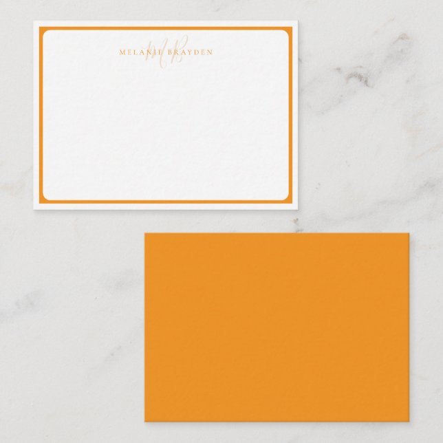 Minimalist Monogram Orange Pointed Curve Border Note Card (Front/Back)