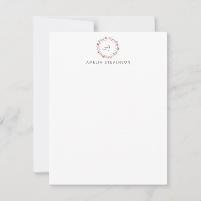 Minimalist Monogram Pastel Floral Personalized  Note Card (Front)
