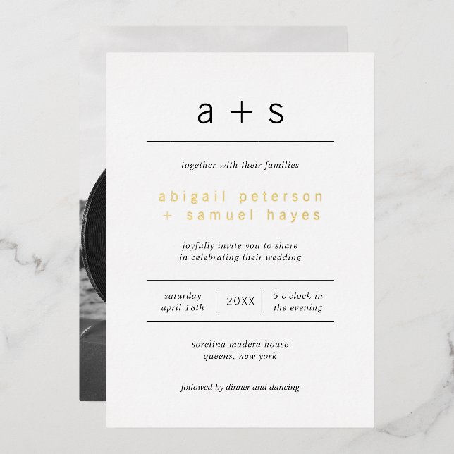Minimalist Monogram Photo Modern Wedding Foil Invitation (Front/Back)