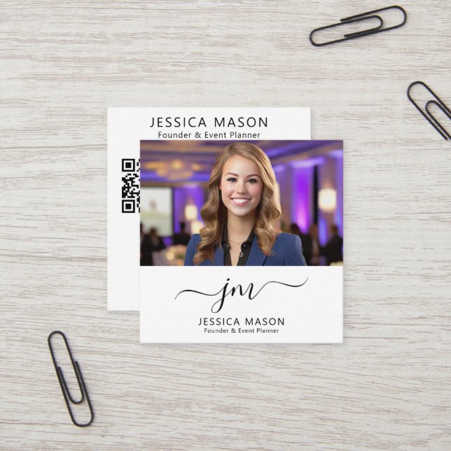 Minimalist Monogram Photo QR Code Square Business Card (Front/Back In Situ)