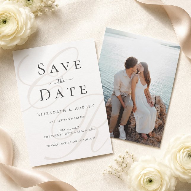 Minimalist Monogram Photo Save the Date Card (Minimalist Monogram Photo Save the Date Card on a table with white flowers and beige silk ribbons)