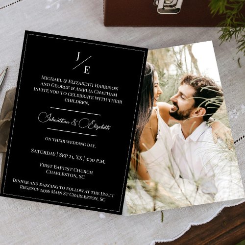 Minimalist Monogram Photo Wedding  Black Invitation